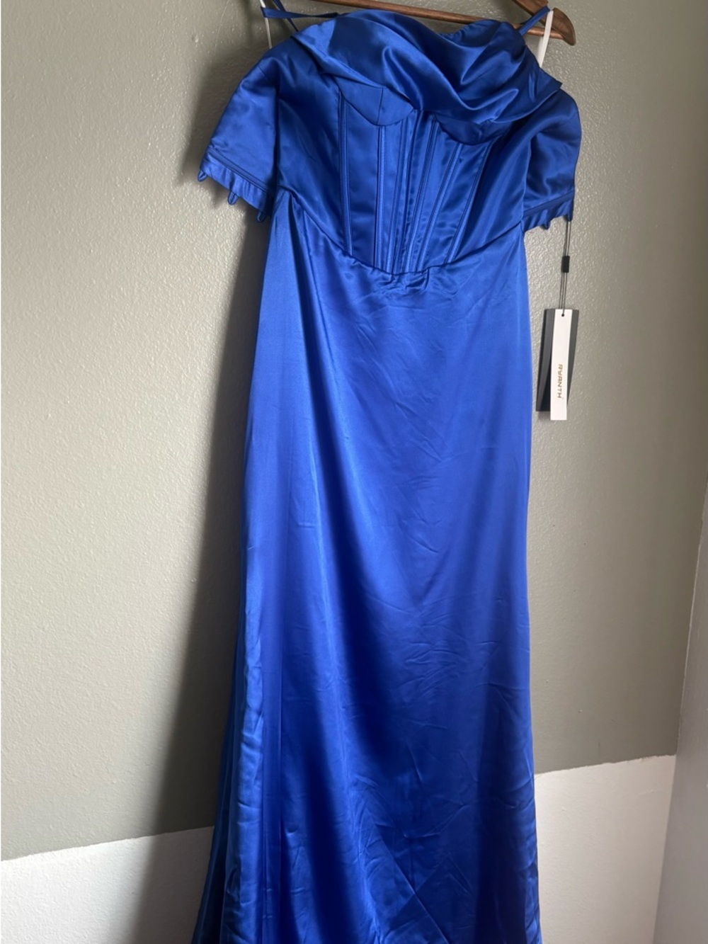Royal Blue Satin Corset Maxi Dress – Cowl Neck, Lace Back, Formal Evening Gown